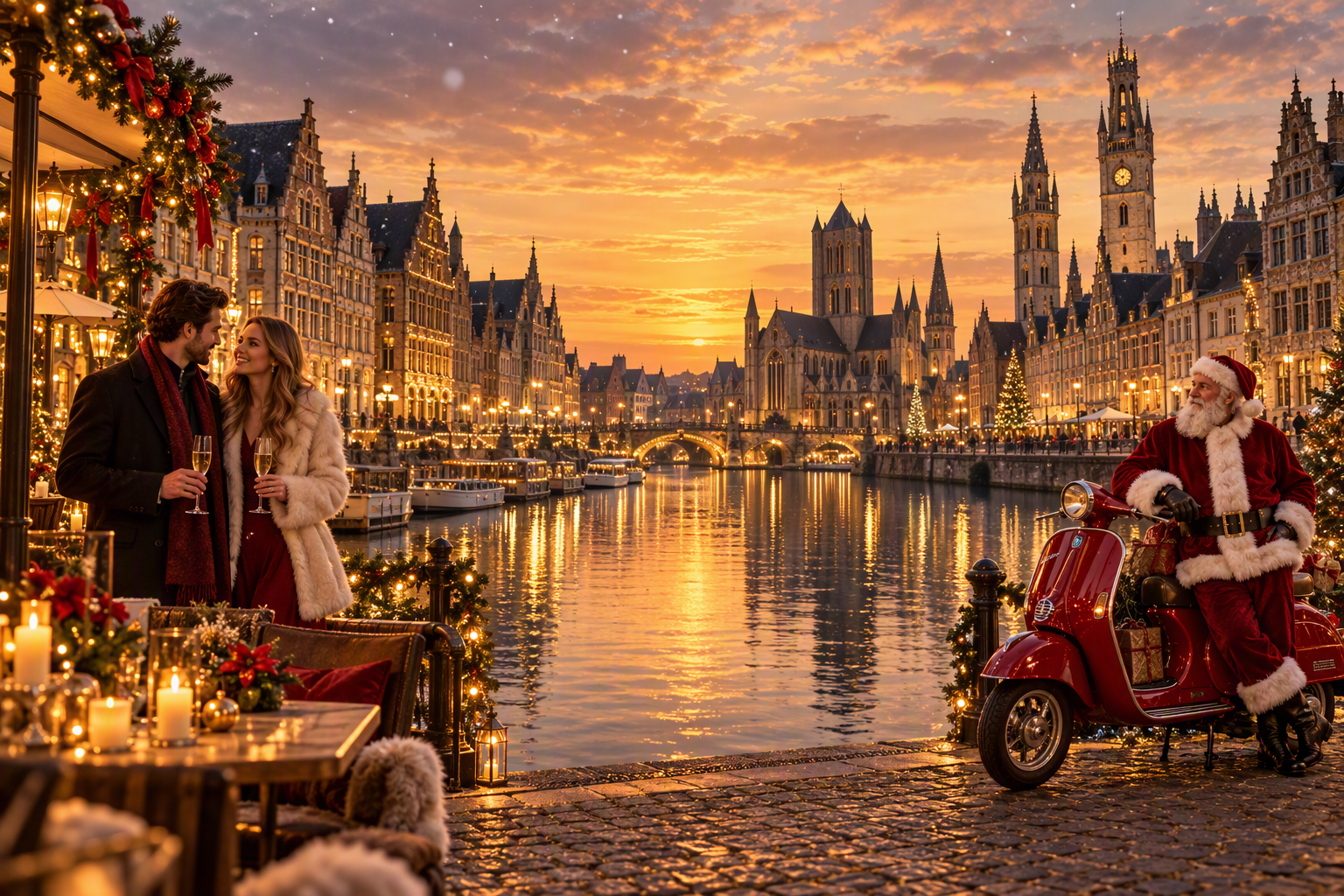 La Bella Vespa cadeaubon in Gent: rode Vespa aan de Graslei tijdens een sfeervolle kerstzonsondergang met uitzicht op de historische binnenstad.