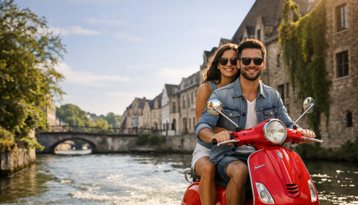 Koppel op rode Vespa tijdens zomerse rit langs de Leie in Gent – La Bella Vespa cadeaubon